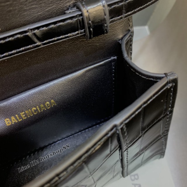 Balenciaga專櫃爆款迷你鱷魚紋黑色金扣手提女包 巴黎世家mini Hourglass沙漏包 fyj1929